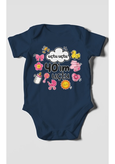 Morivokids Uçtu Uçtu 40'ım Uçtu Kısa Kollu Bebek Body %100 Pamuk Lacivert