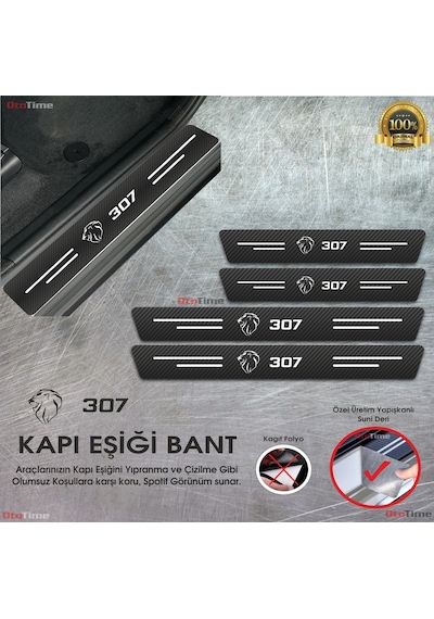 Peugeot 307 Logolu Karbon Kapı Eşiği Koruyucu Suni Deri 4'lü Set
