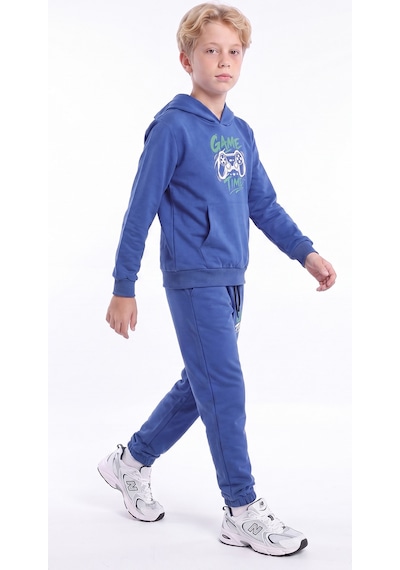 Fyk Kids Erkek Çocuk Baskılı Kanguru Cepli Kapüşonlu Eşofman Takımı Sax Mavisi