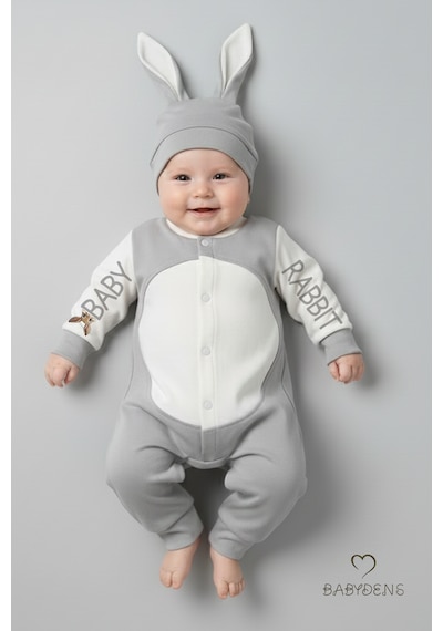 Babyden's Bebek Tavşanlı Tulum Şapka Set %100 Pamuklu Çıtçıtlı,ayarlanır Ponponlu Unisex Yenidoğan Tulum Seti Gri
