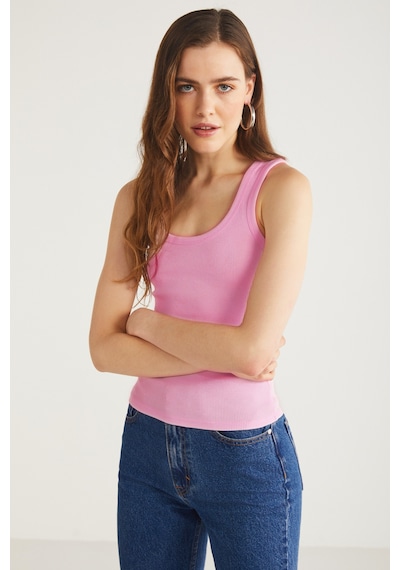 Ethıquet Lıllesol Kadın Fitilli Görünümlü Slim Fit Vücuda Oturan Havuz Yakalı Pamuklu Basic Koyu Pem Koyu Pembe