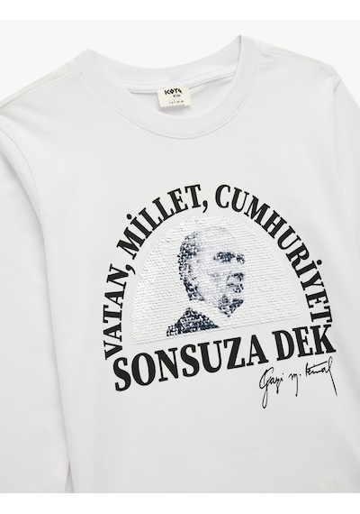 Koton Pullu Payetli Uzun Kollu Bisiklet Yaka Atatürk Baskılı Pamuklu Tişört Beyaz 6wkb10598tk Beyaz