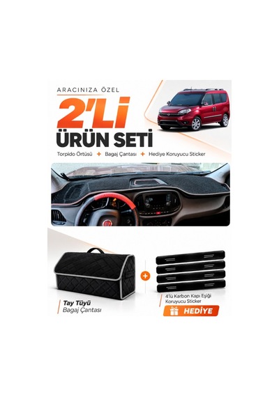 Fıat Doblo 2015-2023 Uyumlu Torpido Örtüsü + Tay Tüyü Bagaj Çantası + Sticker Seti - Siyah Gri