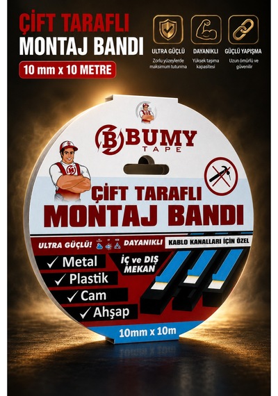 Çift Taraflı Montaj Bandı 10 Mm X 10 Metre Güçlü Köpük Bantı Kablo Kanalları İçin Özel