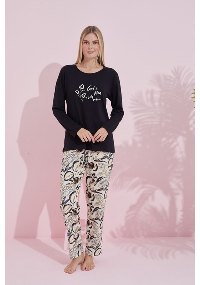 Siyah İnci Pamuklu Örme Pijama Takım 24240183 Siyah
