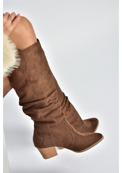 Fox Shoes J404040102 Kahverengi Süet Kalın Topuklu Kadın Çizme Kahverengi-süet