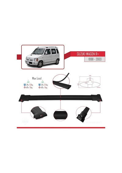 Suzuki Wagon R+ 1998-2003 Arası İle Uyumlu Fly Model Ara Atkı Tavan Barı Siyah
