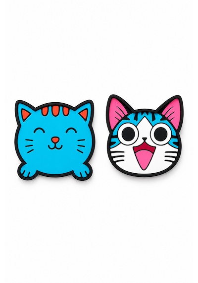 Kemboss Mavi Kedi Ve Happy Kedi Bardak Altlığı Seti 4'lü - Pvc Kaydırmaz Bardak Altlığı 2 Mavi Kedi + 2 Happy Kedi