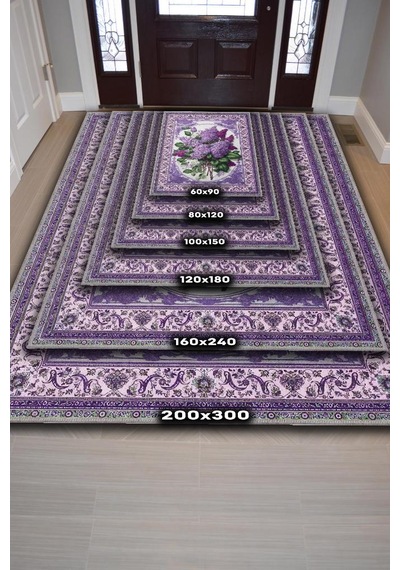 Homshtag Art Deco Leylak Çiçeği Vintage Halı Görünümlü Dijital Baskı Mor Halı,rustik Çiçekli Halı Çok Renkli