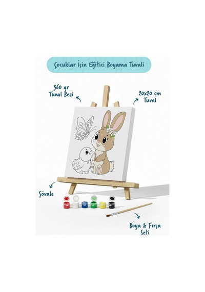 Sevimli Fil Temalı Çocuk Boyama Tuvali Şövaleli Eğitici Boyama Seti 20x20 Cm