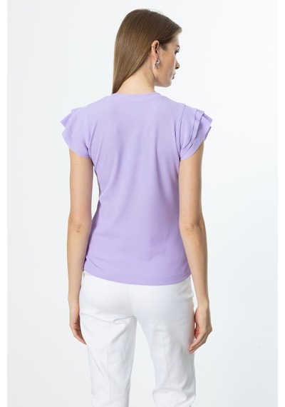 On Kadın Minimalist V Yaka Kısa Kol Bluz - Regular Fit Lila