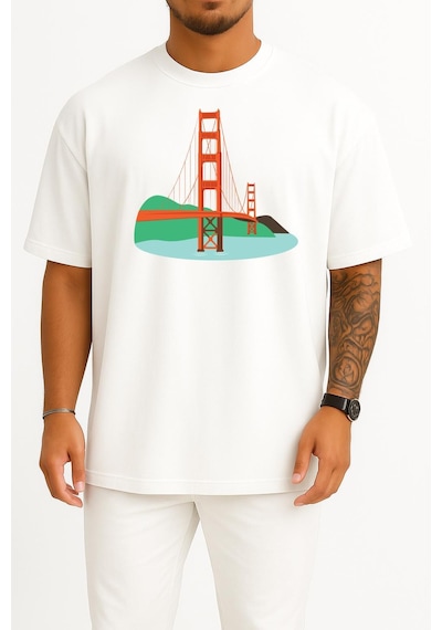 Bahriyeli Collection Oversize Golden Gate Köprüsü, San Francisco Göğüs Tasarımlı Unisex T-shirt Beyaz