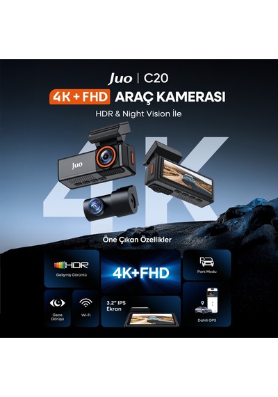 Juo C20 4k 2 Kameralı Uhd Ön + Fhd Arka Wifi Gps Hdr 170 Derece Geniş Açı Gece Görüşlü Ekranlı Araç İçi Kamera