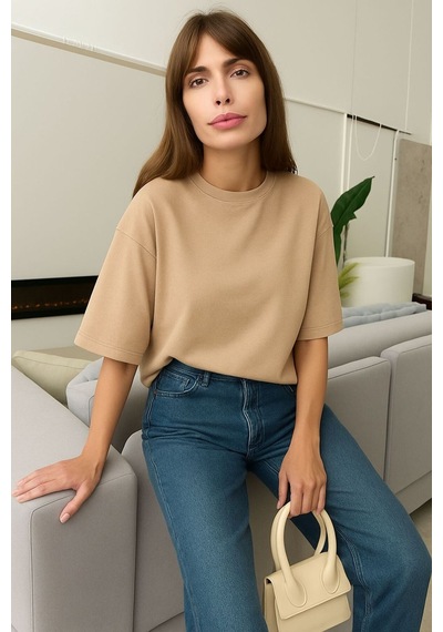 Düz Oversize Unisex Tişört Yb5 Bej