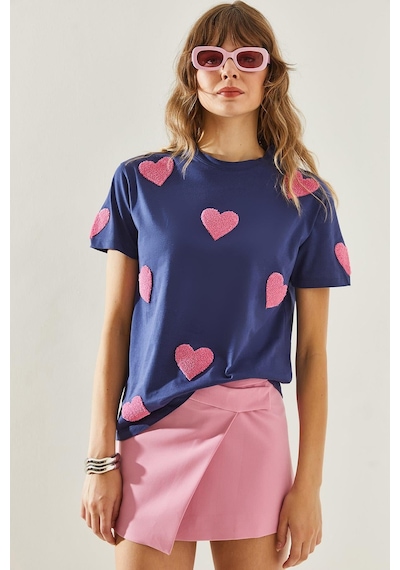 Shade Kadın Süzene Kalp Nakışlı Basic T-shirt 60251208 - Lacivert