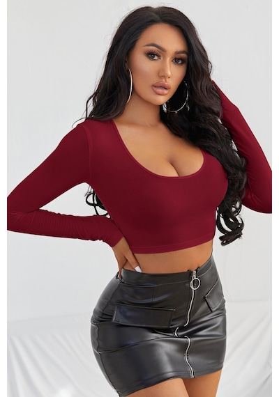 Modi Kadın Bordo Uzun Kol Kare Yaka Crop Top Bluz Açık Bordo