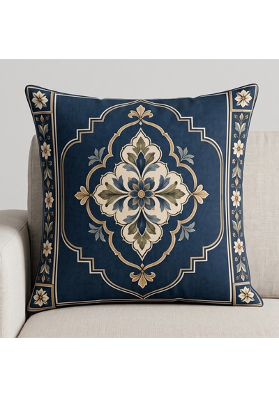 4'lü Klasik Madalyon Ve Botanik Desenli Dekoratif Kırlent Kılıfı Takımı - 43x43 Cm Çift Taraflı Lacivert - Haki Lacivert