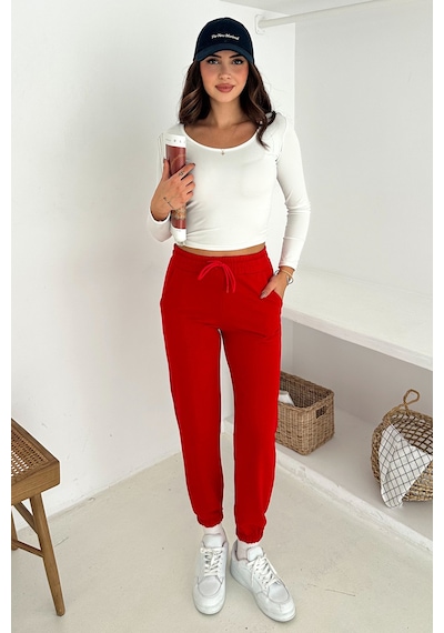 Kadın Bağcıklı Jogger Pantolon & Eşofman Altı Sportif & Enerjik Stil Kırmızı Kadın Bağcıklı Jogger Pantolon & Eşofman Altı Sportif & Enerjik Stil Kırmızı