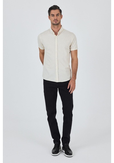 İmza Ekru Kısa Kol Düz Örme Düğmeli Yaka Cepsiz Pamuklu Classic Slim Fit Gömlek 1004250155 609 Ekru