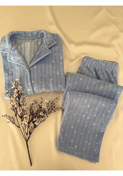Mh Moony Homewears Ron Mavi Üzerine Yıldız Polar Yumuşacık Termal Pijama Takımı Mavi