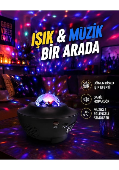 Sesle Etkileşimli Yıldız Projektörlü Gece Lambası Bluetooth Hoparlörlü, Usb Girişli, Dönen Okyanus Siyah 08336923