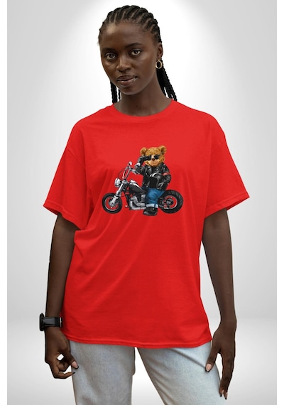 Kask Güneş Gözlüğü Motor Ayı Pamuklu Bisiklet Yaka Unisex Oversize Boyfriend Dijital Baskılı Kırmızı T-shirt Kırmızı