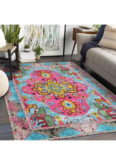 Adoni Desenli Kadife Pamuk Tabanlı Yıkanabilen Kaydırmaz Antibakteriyel Salon Halısı 60x190 Çok Renkli