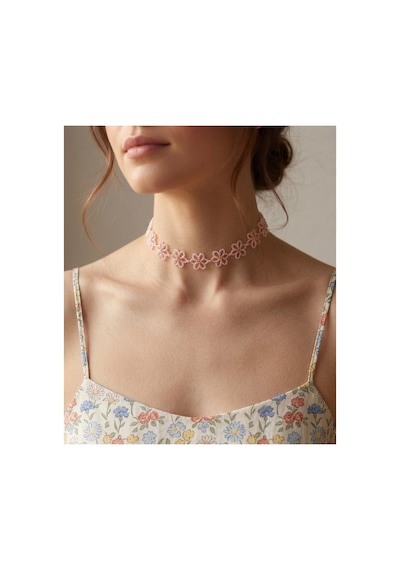 Pastel Pembe Boncuklu Papatya Choker Kolye