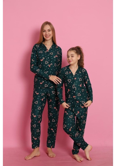 Free Beka Yılbaşı Desenli Uzun Kollu Önden Düğmeli Gömlek Yaka Anne Kız Pijama Takımı Yeşil