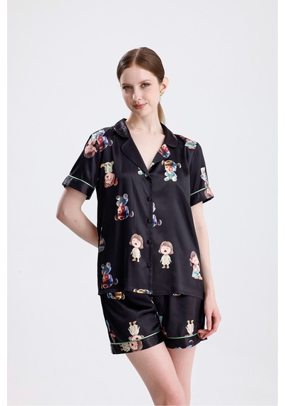 Kadın Kısa Kollu Şortlu Pijama Takımı Kız Bebek Desenli Yazlık Rahat Takım Çok Renkli