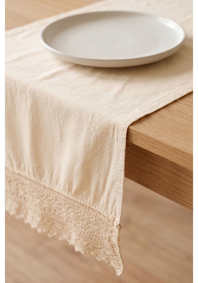 Krem Lacy Pamuklu Dantelli Runner 40x150 Cm