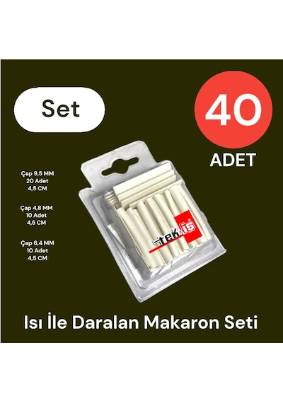 Isı İle Daralan Makaron Seti 40 Adet, Beyaz 9.5 Mm X 20, 6.4 Mm X 10, 4.8 Mm X 10