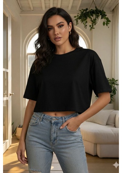 Kadın Siyah Bisiklet Yaka Oversize Crop Tişört - %100 Pamuklu Basic Kısa Kol Siyah Kadın Siyah Bisiklet Yaka Oversize Crop Tişört - %100 Pamuklu Basic Kısa Kol Siyah