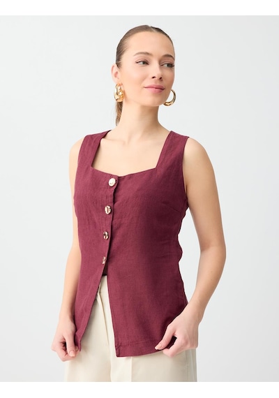 Jimmy Key Bordo %100 Keten Parlak Düğme Detaylı Düz Kesim Yelek 6sw306649562