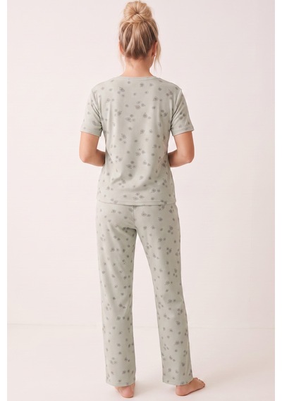 Siyah İnci Pamuklu Fitilli Kaşkorse Örme Pijama Takım 26120402 Yeşil