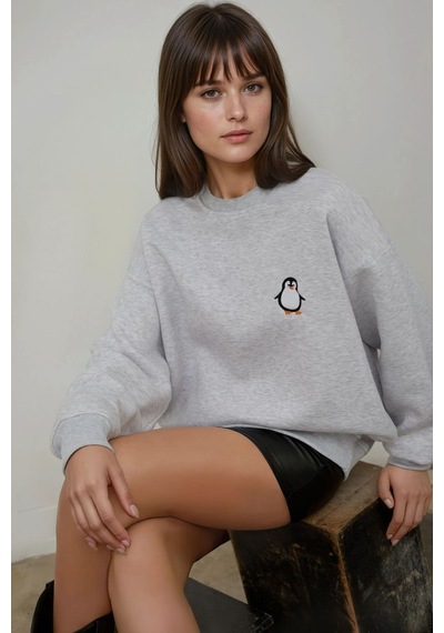 Hiccup Rahat Hayvan Nakışlı Şardonlu Bisiklet Yaka Hoodie Gri