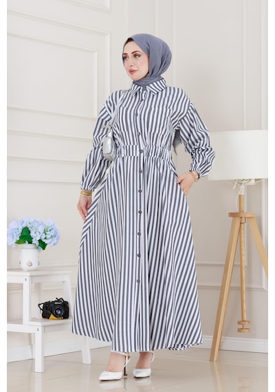 Sevitli Çizgili Cepli Tesettür Elbise-siyah-5132 Siyah