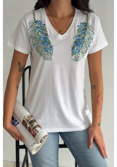 Femelle Kadın Beyaz V Yaka Omzu Yaprak Pul Payet İşlemeli %100 Pamuk T-shirt - Fem8