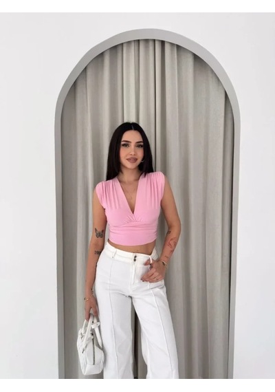 Dogutrend Vatkalı Kolsuz V Yaka Drapeli Crop Bluz Likralı Fit - Pembe