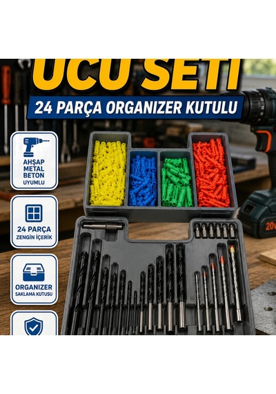 24 Parça Matkap Ucu Seti Organizer Kutulu Ahşap Metal Beton Delme Seti