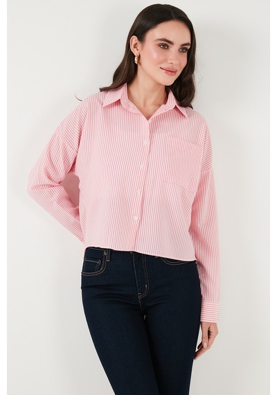 Lela Regular Fit Çizgili Göğüs Cepli Dokulu Bayan Gömlek 6772870 Şeker Pembe