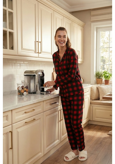 Lela Desenli Beli Lastikli Gömlek Yaka Dokuma Bayan Pijama Takımı 6095660W4 Siyah