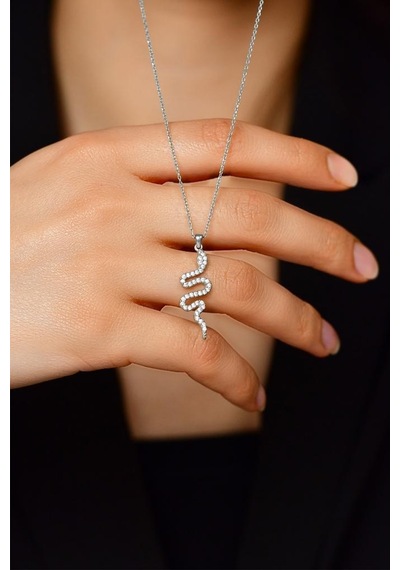 Roza Silver  Zirkon Taşlı Rodyum Yılan Gümüş Kolye