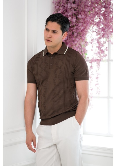 Advante Slimfit Kolları Lastikli Likralı Desenli Polo Yaka Triko T-shirt Kahverengi