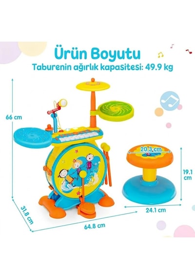Işıklı Piyanolu Bateri Seti - Mikrofonlu, Tabureli Ve Mp3 Bağlantılı Çocuk Müzik Eğitim Seti