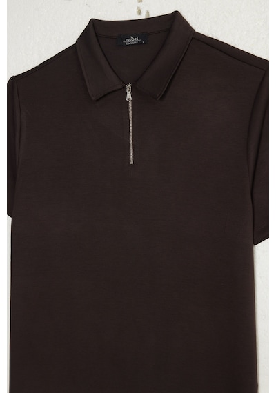 Tudors Erkek Slım Fit Dar Kesim Soft Modal Kumaş Kısa Kollu Yarım Fermuarlı Kahverengi Polo Yaka Tişört-51036