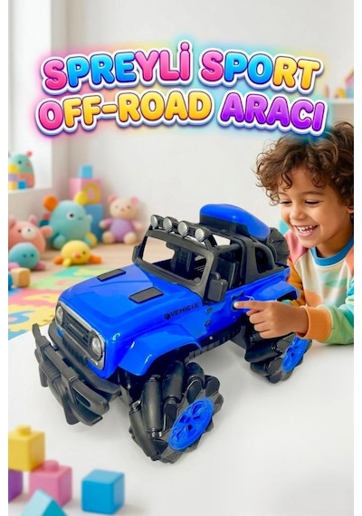 Işıklı Ve Sesli Canavar Araba 1:14 Ölçekli Spreyli Uzaktan Kumandalı Oyuncak Araba - 4x4 Mavi