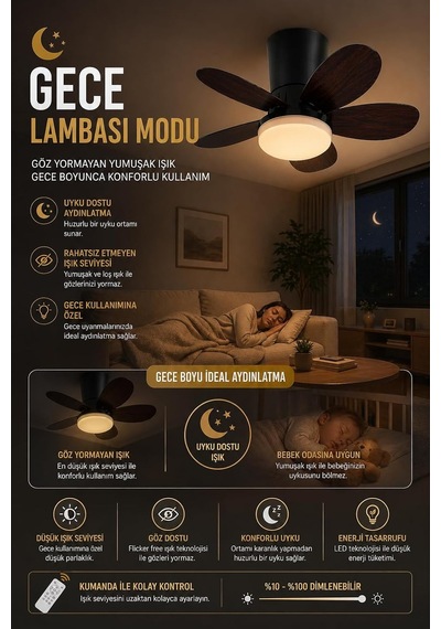 42w Tavan Vantilatörü Led Avize Armatür 64cm 5 Kanat 6 Kademeli Fan Ters Dönüş Ve Gece Lambası Modu Uzaktan Kumandalı Siyah Kiraz