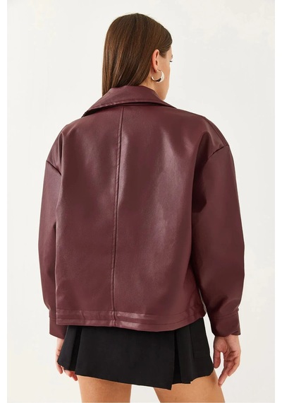 August Yanlardan Büzgü Detaylı Deri Ceket - Oversize Bordo Bordo