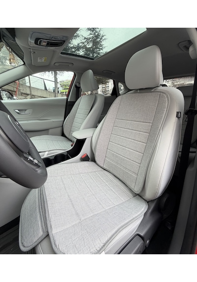 Terletmez Keten Baskılı Oto Koltuk Minderi Kum Gri 7 Parça - Desenli Cepli Araba Koltuk Kılıf Seti